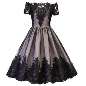 2019 A Line Black Gold Gothic Short Evening Dresses Short Sleeves Knee Length Lace Women Prom Dresses Sexy Mother Of Bride Gowns