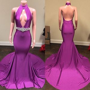 New Arrival Halter Sleeveless Mermaid Prom Dress Backless Elastic Satin Sweep Train Evening Gown With Crystal Sash