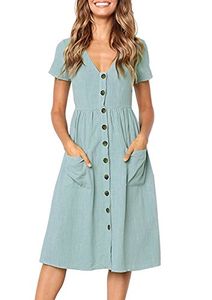 Yidarton Women's Summer Short Sleeve V Neck Button Down Causal Plain Swing Midi Dress with Pockets