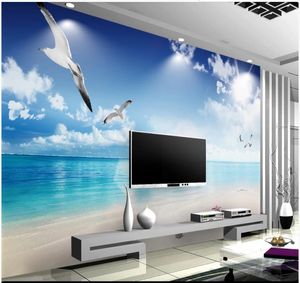 Custom photo wallpaper 3d mural wallpaper for living room Blue sky and white cloud beach seagull seascape mural tv background wall paper