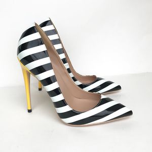 Heißer Verkauf – Absatzschuhe, klassische Mode, Damenschuhe, schwarz, weiß, gestreift, spitze Zehen, Stiletto-High-Heels, Kleid, Hochzeit, Damenschuhe, Lackleder