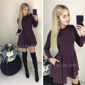 Outono bolsos de inverno tricô vestido mulheres manga longa sólida o-pescoço uma linha mini vestidos casuais vestido de fundo