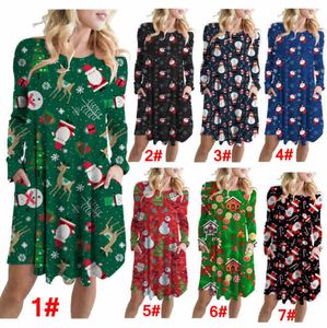 7 Designs Flickor Julklänning Långärmad Santa Claus Snow Snowman Tryckt Kvinnor Lösa Kjolar Lady Holidays Dress Up Kläder