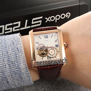 Neue Roségold-Silber-Textur-Zifferblatt, Tourbillon, automatische Herrenuhr, 5 Farben, hochwertiges braunes Leder, Saphiruhren, Zeitzonenuhr E48b2