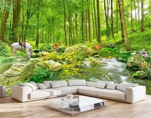 Wall Paper HD Stream Mountain Forest Landscape Painting 3d Wallpaper home decor