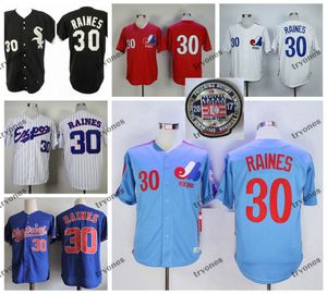 Mens Vintage Montreal Expos Tim Raines Baseball Jerseys 2017 Hall of Fame #30 Tim Raines White Blue Stitched Shirts M-XXXL