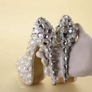 Hot Sale-Crystal Rhinestone Wedding Shoes Women Platform High Heels Bridal Pumps Prom Party Shoes Girl