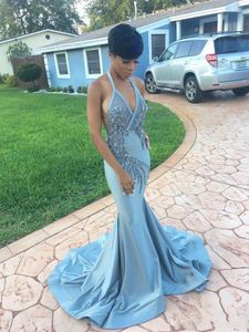 Blue Sexy Backless Halter Prom Dresses Beaded Satin Custom Made African Formal Ocn Wear Long Party Gowns