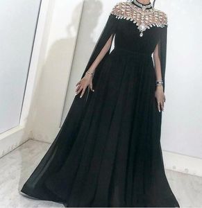 2020 Chiffon Plus Size Black Prom Dresses High Neck With Long Capped Rhinestone Crystal Floor Length Formal Party Celebrity Evening Dresses