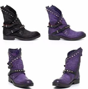 US4-11 Retro Women Boots Winter Buckle motorcycle boot Flat Shoes Fashion Ankle Rivet Knight Boots Casual Plus Size Eu43 Purple ,Black V