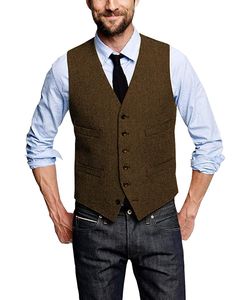 Vintage Brown Groom Vests For Rustic Wedding Tweed Herringbone Mens Suit Vests Slim Fit Men's Dress Vest Custom Waistcoat Adjustable