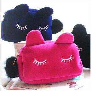 Cute Cat Cosmetic Bag Женщины несессер Make Up Bag Путешествия Портативный красоты Мешочек фланель туалетные наборы для женщин девочек