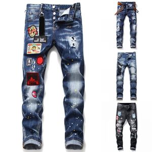 Mens Distressed Rips Stretch Black Jeans Fashion Slim Fit Washed Motocycle Denim Pants Panelled Hip Hop Trousers T1059