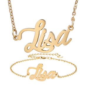 Nameplate Necklace + Bracelet Set for Women " Lisa " Letter Gold Choker Chain Name Pendant Charm Girl frined Birthday Gift