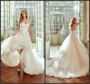 2019 Nya Nicole High Low Bröllopsklänningar med avtagbar Tåg Sweetheart Neck A-Line Lace Appliqued Bridal Gowns Tulle Bröllopsklänning