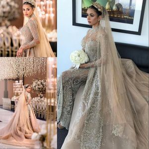 Luxus-Champagner-Kristall-Muslim-Meerjungfrau-Brautkleid mit abnehmbarer Schleppe, Vintage-Langärmeln, Stehkragen, Saudi-Arabien, Dubai, Brautkleid