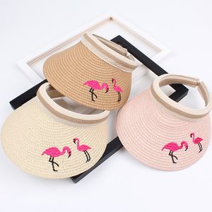 Summer's Słomkowy kapelusz 2020 New Moda Dzieci Haftowane Flamingo Czapki Cute Cartoon Girls Boys Beach Sun Shade Cartoon Hats C6248