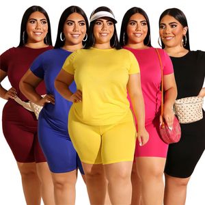 Plus size 3x 4x verão feminino cor sólida shorts conjunto de duas peças roupas esportivas manga curta camiseta + shorts moletons casuais 2806