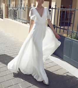 New Boho Beach Wedding Dresses 2024 V-neck Ruffles Short Sleeves Backless Chiffon A-line Wedding Gowns Bridal Dress vestido de noiva