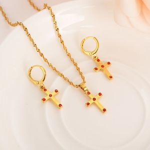 Nuovi set di gioielli africani Collana con ciondolo in oro massiccio con finitura in cristallo CZ Croce rossa con zirconi per donna Catena per ragazze festa per bambini