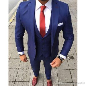 Blue Formal Men Suits Groom Tuxedos Slim Fit Man Clothing Three Piece Wedding Jacket Pants Design Vest One Button