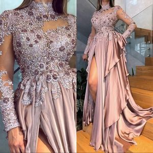 Beaded Appliques Long Sleeves Prom Dresses Sexy High Neck Dusty Pink Split Formal Evening Gowns Party Dress Customize Size