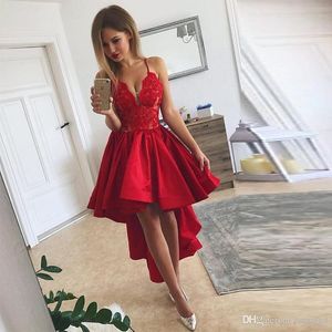 A-line nowe seksowne czerwone sukienki Spaghetti Paski High Low Formal Prom 2019 Koronkowe aplikacje imprezowe sukienki na zamówienie Vestidos de noiva