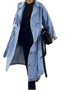 Primavera Outono Mulheres Casual Solto X-Longo Denim Trench Coat Feminino Macacão Jeans Plus Size Cintura Ajustável Denim Casaco