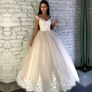 New Capped Sleeves A Line Tulle Wedding Dresses 2019 Lace Applique Wedding Bridal Gowns Summer Beach Wedding Gowns