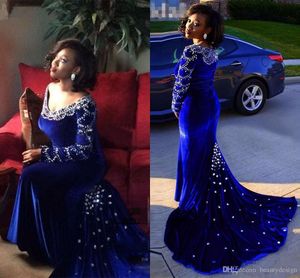 Black Girls African Nigerian Mermaid Prom Dresses Beadings Off Shoulder Long Sleeves SweepTrain Formal Dresses Evening Dresses Party Gowns