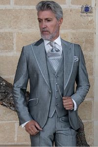 Moda Gray Groom Tuxedos Peak Lapel Groomsmen Mens Sukienka ślubna 2019 Styl Man Kurtka Blazer 3 szt. Garnitur (kurtka + spodnie + kamizelka + krawat) 1086