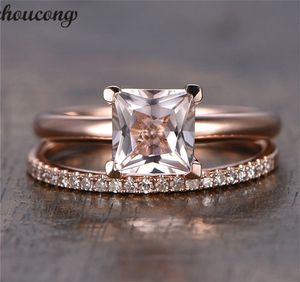 Choucong Set di anelli a taglio principessa in oro rosa con diamanti da 1 carati CZ Anelli a fascia per anniversario di matrimonio per le donne Regalo per gioielli da dito