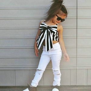Mode Mädchen Anzug Streifen Tops + Hosen 2 Stück Das trägerlose Set Kinder Schleife Loch weiße Jeans Mädchen Kleidung Set