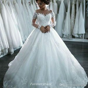 2019 Romantic Long Sleeves Wedding Dress Ball Gown Sheer Beaded Applique Luxury Women Bridal Party Gown Plus Size Vestido De Noiva Longo