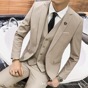 Настройка Groom Tuxedos One Button Beige Нотч Groomsmen Свадебные мужские Blazer партии костюмы (куртка + брюки + жилет + Tie) J688