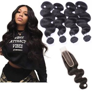 Indian Raw Virgin Hair Extensions Natural Color 4 Bundles With 2X6 Lace Closure Middle Part Body Wave Bundles With 2*6 Closures 8-30inch