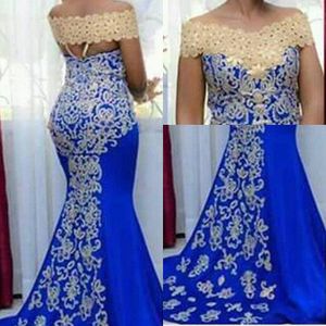 Cheap African Off Shoulder Evening Dresses Wear Saudi Arabia For Women Mermaid Royal Blue Champagne Lace Appliques Beaded Formal Prom Gowns