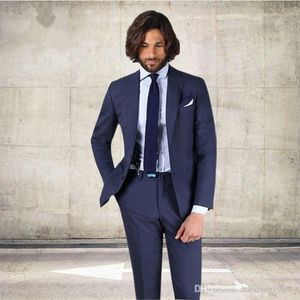 Yeni Gelenler İki Düğme Lacivert Damat smokin Notch Yaka Groomsmen Sağdıç Blazer Erkek Düğün Suit (Ceket + Pantolon + Kravat) D: 352