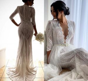 Beach Overskirts Wedding Dresses With Deep V Neck Half Sleeves Illusion Lace Bridal Gowns Long Sleeves Mermaid Wedding Dress Plus Size