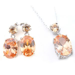 Easter Gift 2 Pieces 1 Set Champagne Morganite Gems LuckyShine Silver Women's Oval Zircon Pendants Stud Earrings Jewelry Sets