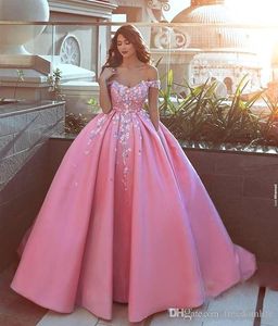 Glamorous Ball Gown Prom Dresses Floral 3D Applique Satin Off Shoulder Floor Length Formal Party Dress Evening Gowns Dresses Evening Wear