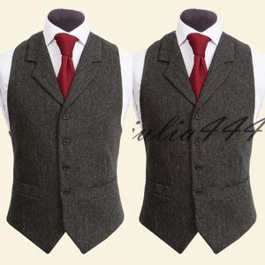 2019 Brytyjski styl szary wełniany pana młodego kamizelki Slim Fit Notch Lapel Pojedyncze breaded bez rękawów Kamizelka Kamizelka Vintage Kamizelka