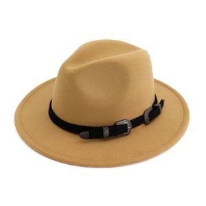 Unisex Geniş Ağız Yün Kemer Toka ile Fedora Şapka Hissettim Moda Erkek Kadın Örgün Parti Caz ​​Kap Panama Disket Kumar Şapka