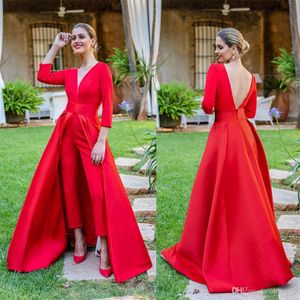 Elegancki Red Commsuit Prom Dresses Pogling V dekolt Backless Formalne Suknie Wieczorowe Robes De Soirée Z Długim Rękawem Plus Size Party Suknie Niestandardowe