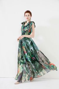 2020 여름 탈기 여성 활주로 드레스 섹시한 V 넥 민소매 레이스 최대 활 인쇄 탄성 허리 우아한 긴 꽃 무늬 드레스