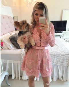 Deep V Neck Pink Lace Short Homecoming Dresses New Beaded Applique Sexy Mini Prom Party Dresses Cheap DH1485