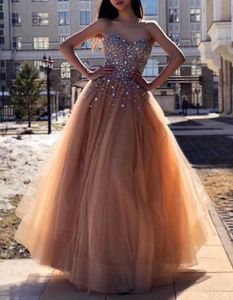 2020 Latest Luxury Evening Dresses Sweetheart Major Rhinestone Diamonds Bodice A Line Champagne Tulle Dresses Evening Wear Formal Prom Gowns