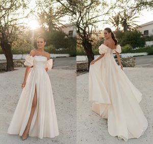 Элегантные платья трапециевидной формы с открытыми плечами и короткими рукавами, кружевные аппликации, свадебные платья, пляжное летнее свадебное платье на шнуровке сзади, с аппликациями