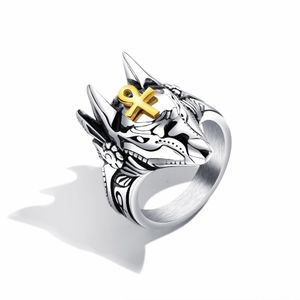 Punk Egypt Cross Anubis Wolf Stilig Ring för män Högkvalitativ Rostfritt Stål Silver Färg Ringar Dropship