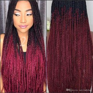 Long Ombre Burgundy Röd Box Flätad Wig Afrika Amerikanska Kvinnor Stil Brasilianska Hår Full Lace Front Baby Hair Wig med fläta